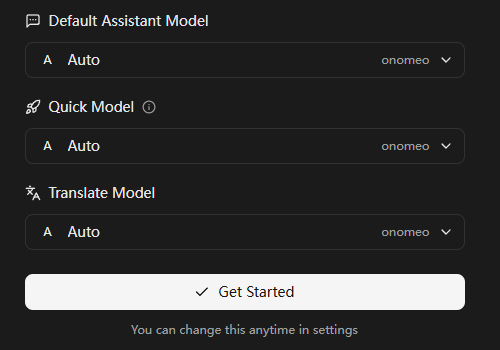 Cherry Studio 的 Choose Default Model 页面:三项均为 onomeo 的 Auto