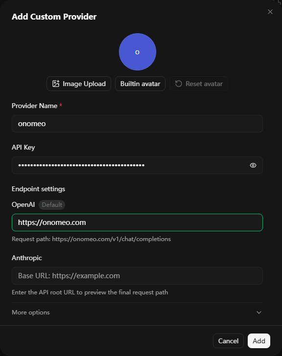 Cherry Studio 的 Add Custom Provider 窗口:名称 onomeo、已填的密钥、OpenAI 的 Base URL 为 https://onomeo.com
