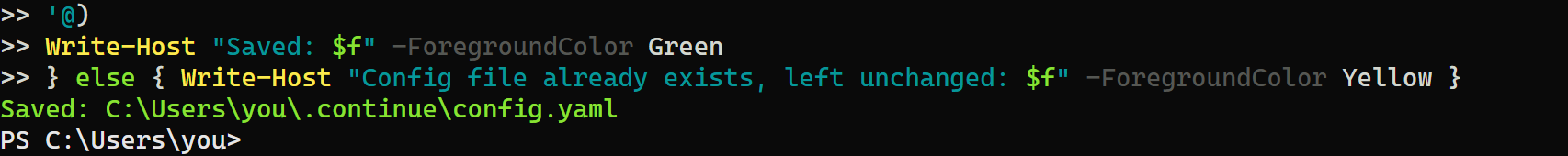 コマンドを貼り付けた後のPowerShell。最終行に緑色で「Saved」と表示され、続けてファイルの場所が表示されている