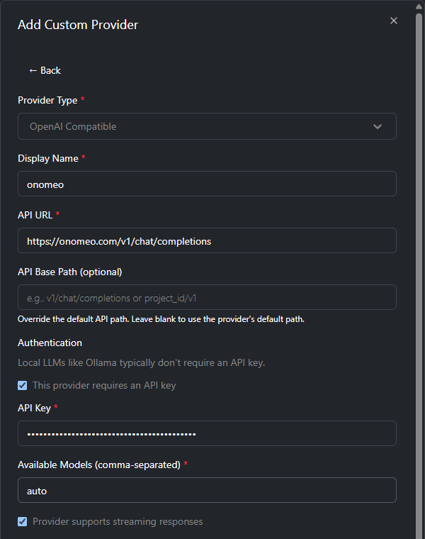 Goose 的 Add Custom Provider 表单:名称 onomeo、地址填到完整的 chat/completions、已勾选需要密钥、模型为 auto