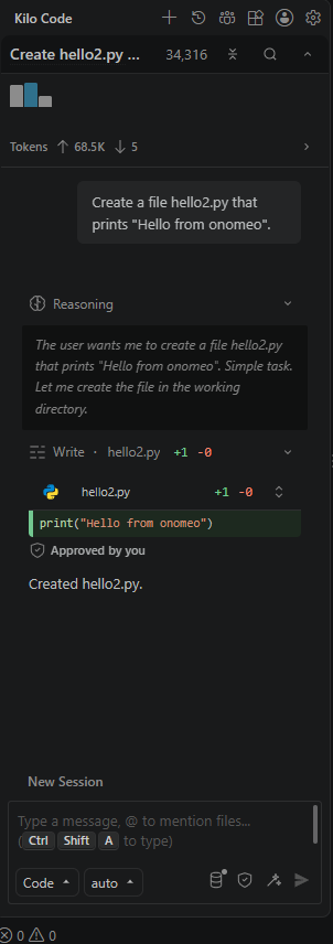 Kilo Code 新建了 hello2.py,显示 Approved by you 和 Created hello2.py