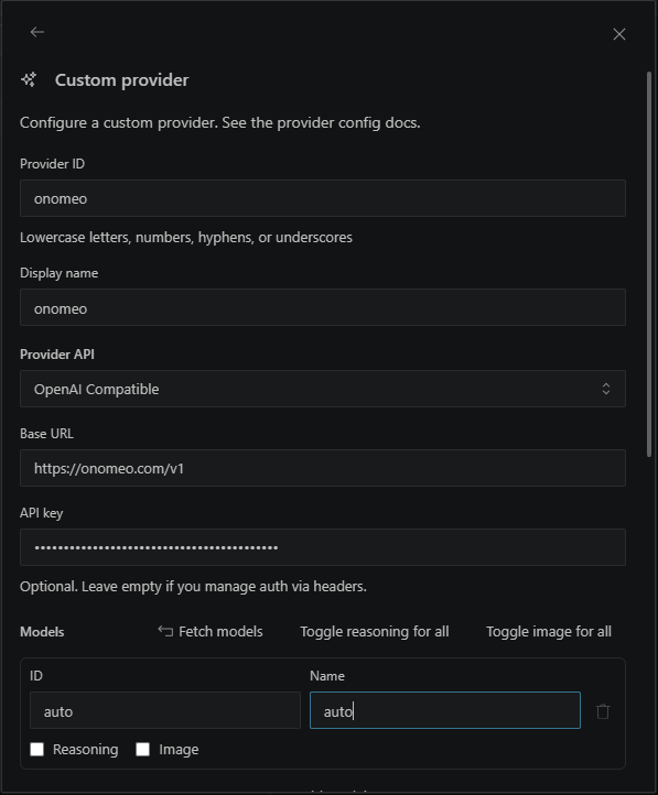 Kilo Code 的 Custom provider 表单:Provider ID、Display name、OpenAI Compatible、本站地址、已填的密钥、模型 auto