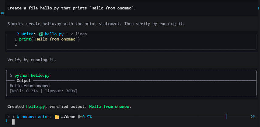 omp wrote hello.py, ran it and reports the output Hello from onomeo; the status line shows onomeo auto
