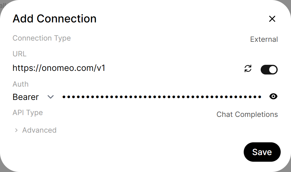 Open WebUIの「Add Connection」ウィンドウ。URLにこのサイトのアドレス、Bearerの横にAPIキーが入力されている