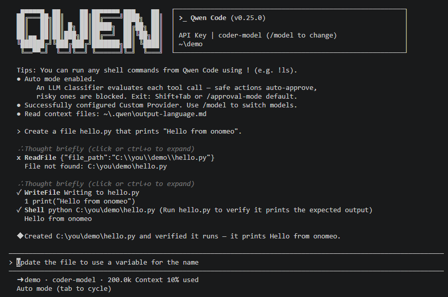 Qwen Code wrote hello.py, ran it and reports that it prints Hello from onomeo