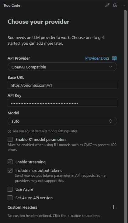 Roo Codeのプロバイダー設定。OpenAI Compatible、このサイトのアドレス、入力済みのAPIキー、モデルのautoが表示されている