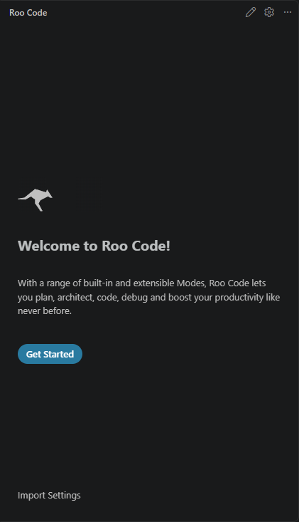 Roo Codeのようこそ画面と「Get Started」ボタン