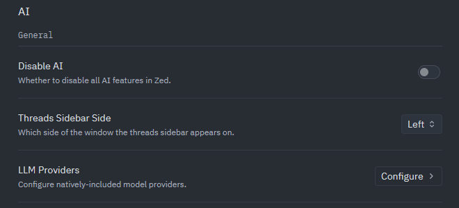 Zedの設定の「AI」ページ。「LLM Providers」の行の右端に「Configure」ボタンがある