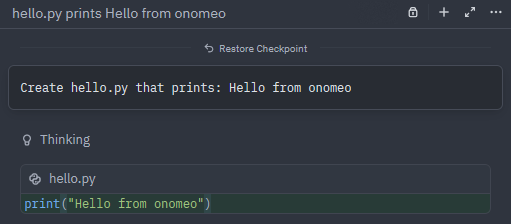 Zedのエージェントが依頼どおりhello.pyを作成している