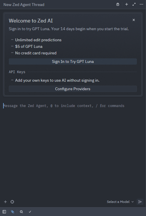 Zedのエージェントパネル。下部に「Configure Providers」ボタンがある「Welcome to Zed AI」のカードと、ウィンドウ左下のきらきらのアイコンが表示されている