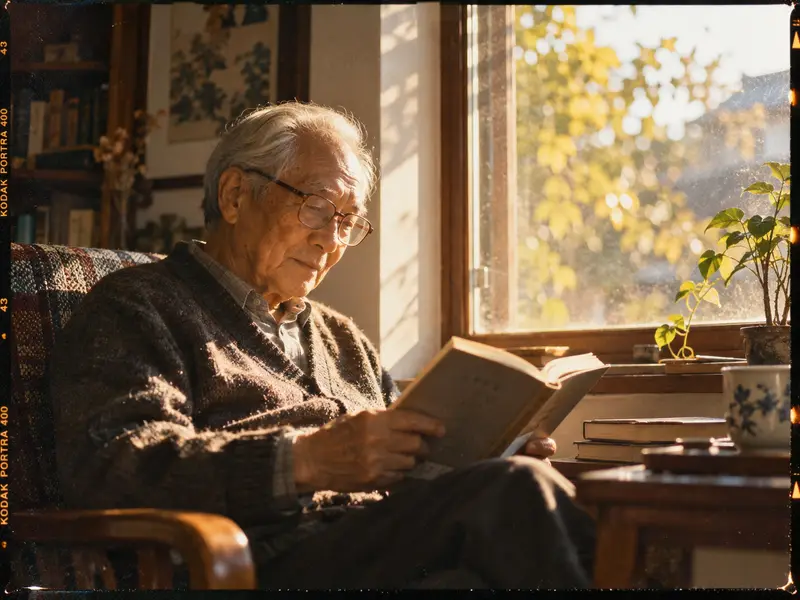 Drawn by GPT Image 2.5: An old man reading by the window, afternoon sunlight on his face, film grain