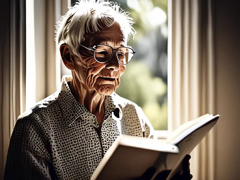 Drawn by SDXL Lightning: An old man reading by the window, afternoon sunlight on his face, film grain