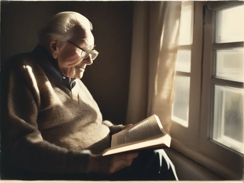 Drawn by Stable Diffusion XL: An old man reading by the window, afternoon sunlight on his face, film grain