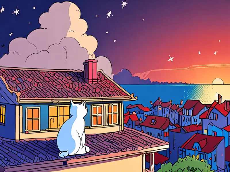 Drawn by SDXL Lightning: Ghibli style, a white cat sitting on a rooftop in a seaside town, watching fireworks