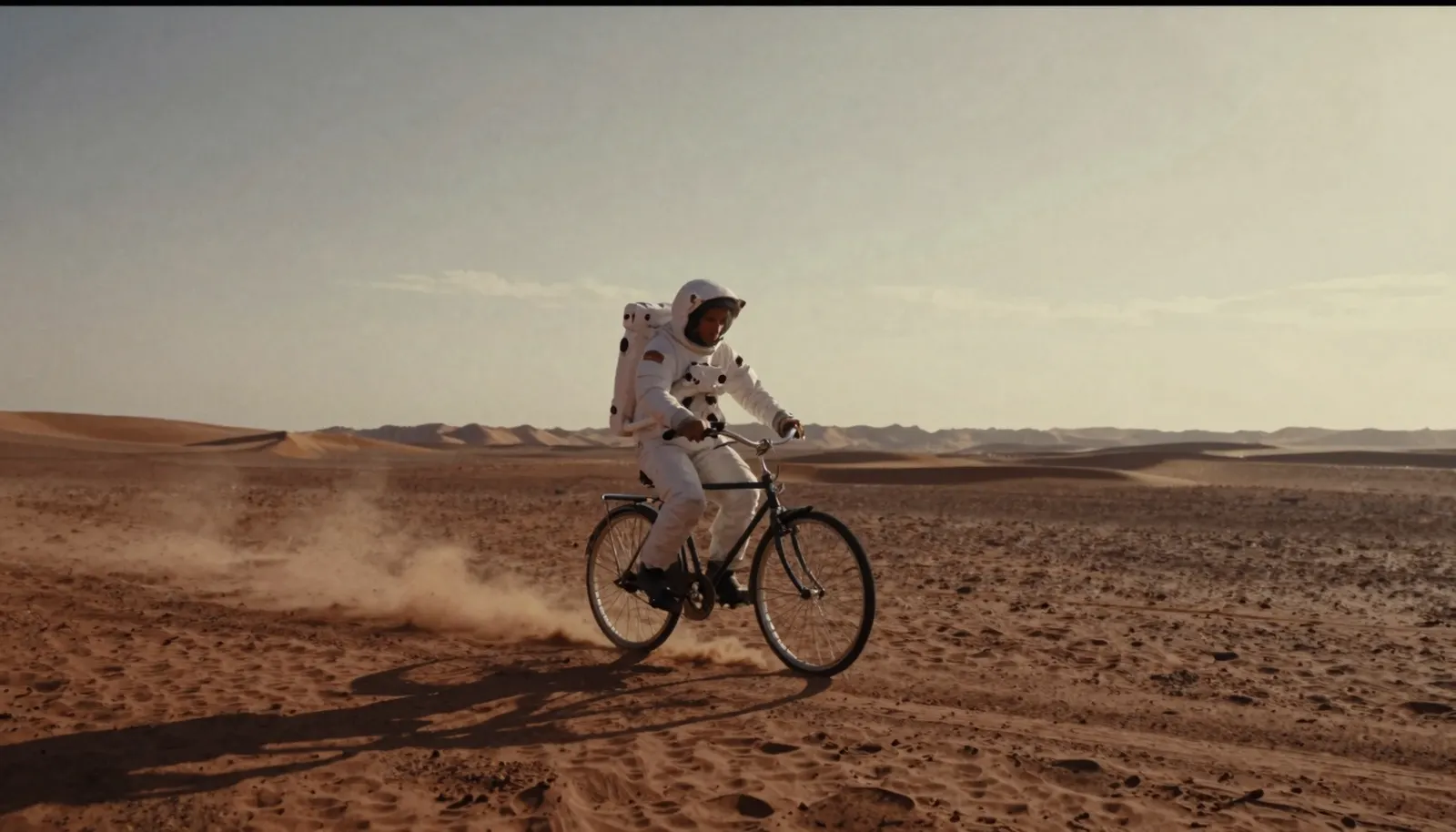 Drawn by Z-Image Turbo: A lone astronaut riding a vintage bicycle across rust-red Martian dunes at sunset