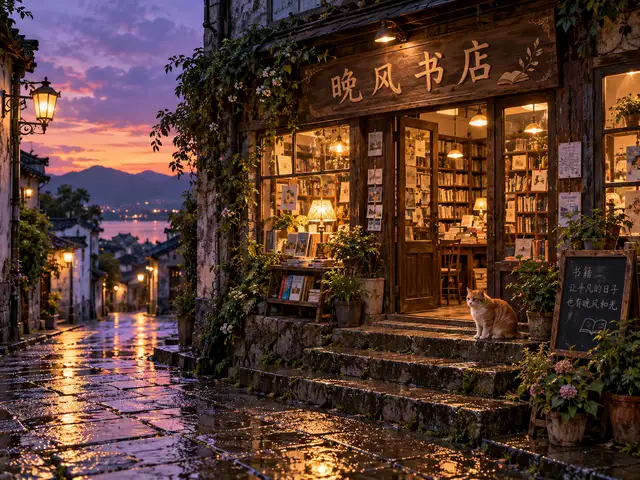 GPT Image 2.5で生成した画像:雨上がりの夕暮れ、静かな通りにある古い本屋。石段には茶トラの猫が座り、木の看板には「晚风书店」と書かれている