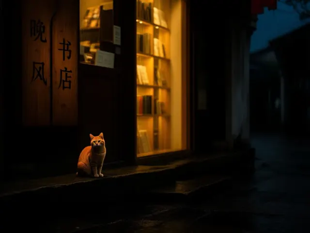 Drawn by Qwen-Image: An old bookshop on a quiet street at dusk after rain, an orange cat on the stone steps, a wooden sign reading "晚风书店"